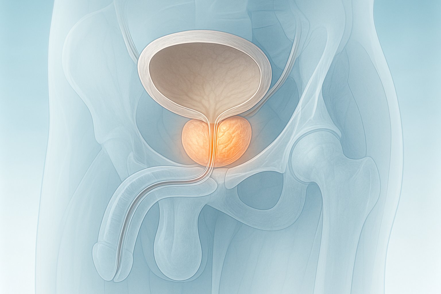 Anatomische Darstellung der Prostata und der Harnorgane im männlichen Becken zur Vorsorgeuntersuchung.