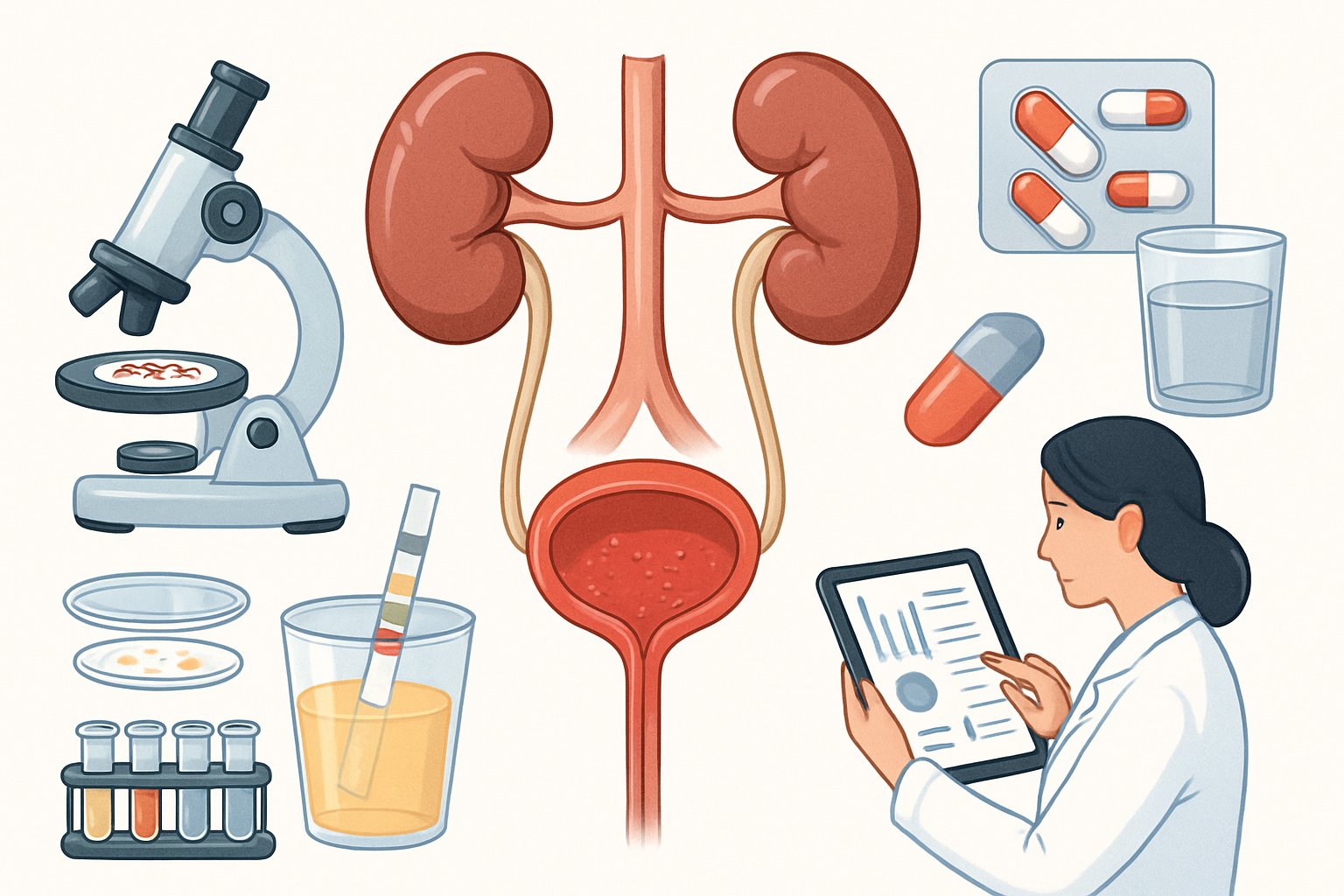 Darstellung des menschlichen Harnsystems mit medizinischen Instrumenten zur Diagnose und Behandlung von Harnwegsinfektionen.