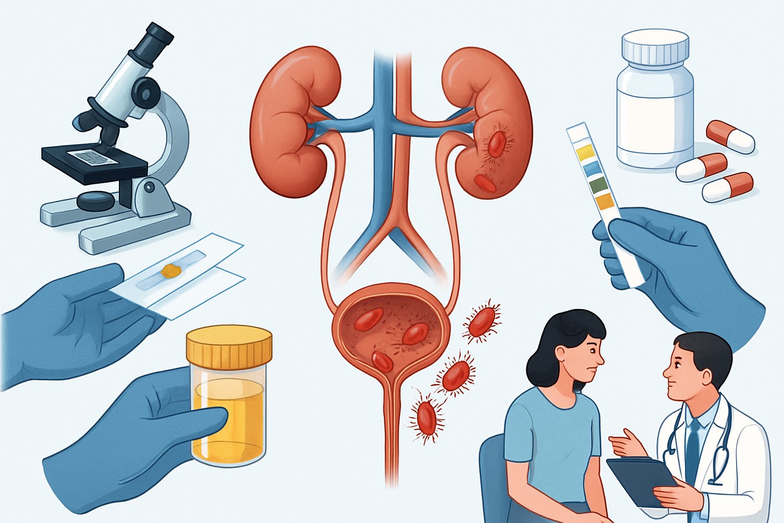Illustration des menschlichen Harnsystems mit hervorgehobenen Infektionsstellen, diagnostischen Werkzeugen und Behandlungsmethoden.