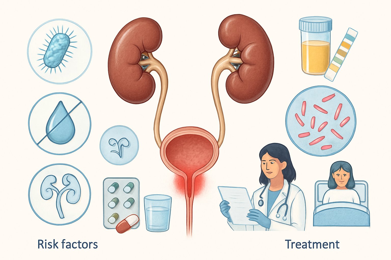 Anatomische Darstellung des Harnsystems mit Symbolen für Risikofaktoren, Diagnostik und Behandlung von Harnwegsinfektionen.