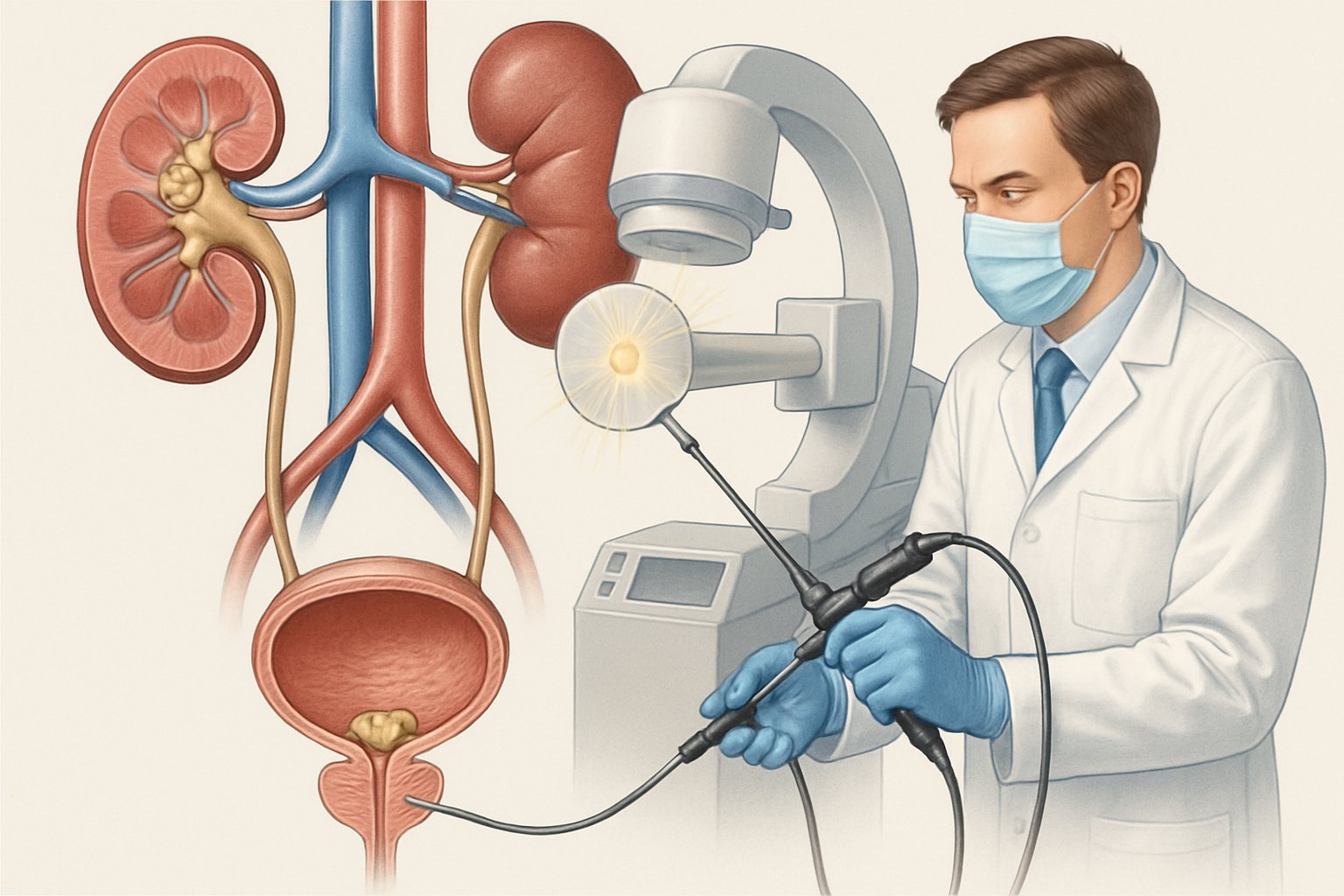 Anatomische Darstellung des Harnsystems mit hervorgehobenen Nieren- und Blasensteinen und einem Arzt, der medizinische Geräte zur Behandlung der Steine verwendet.