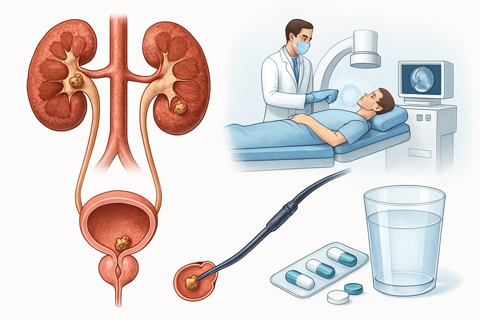 Medizinische Illustration zeigt menschliches Harnsystem mit Nieren- und Blasensteinen und verschiedene Behandlungsmethoden wie Stoßwellentherapie, Ureteroskopie und medikamentöse Therapie.