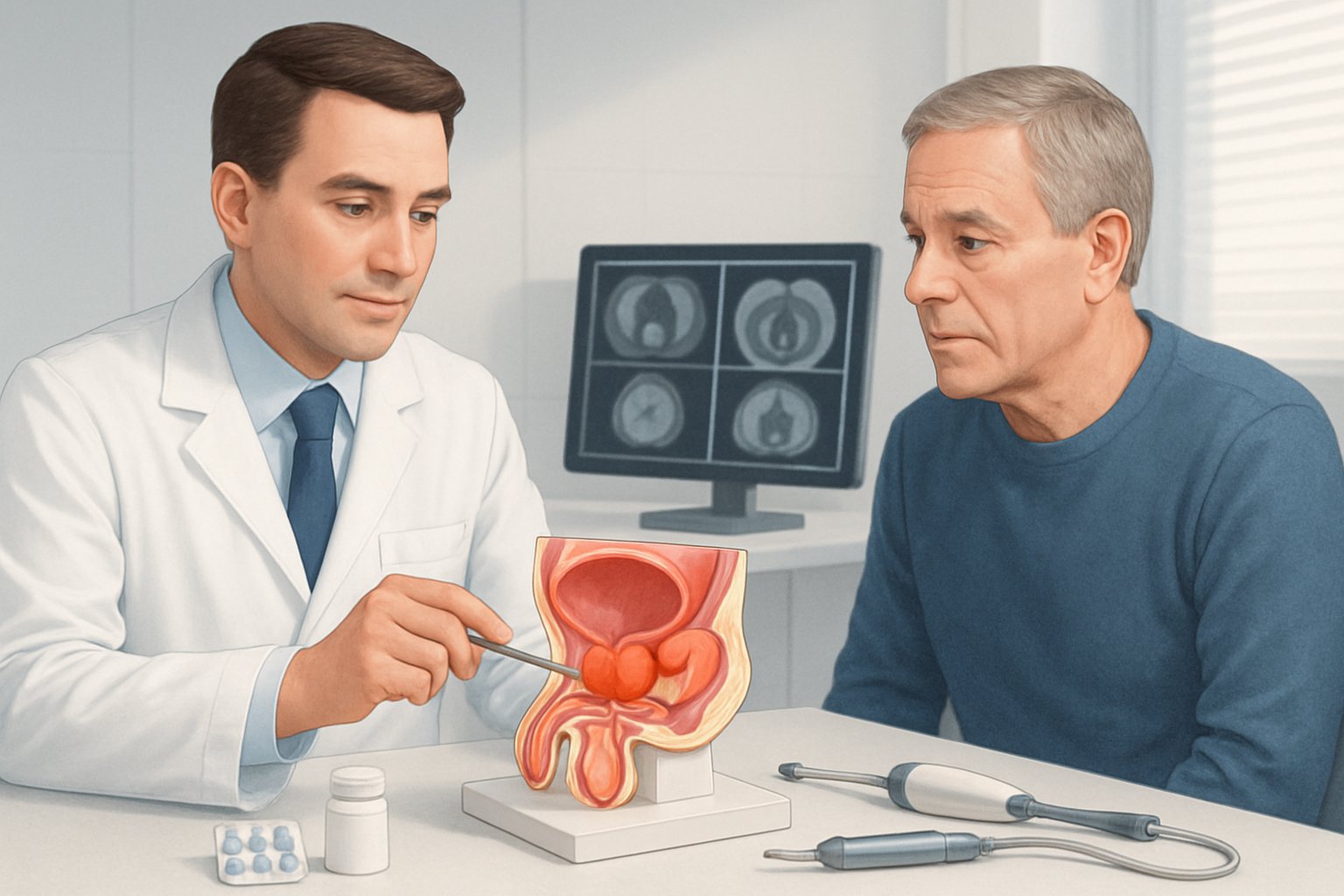 Ein Arzt erklärt einem Patienten die Behandlung von Prostataerkrankungen anhand eines anatomischen Modells in einer modernen Arztpraxis.