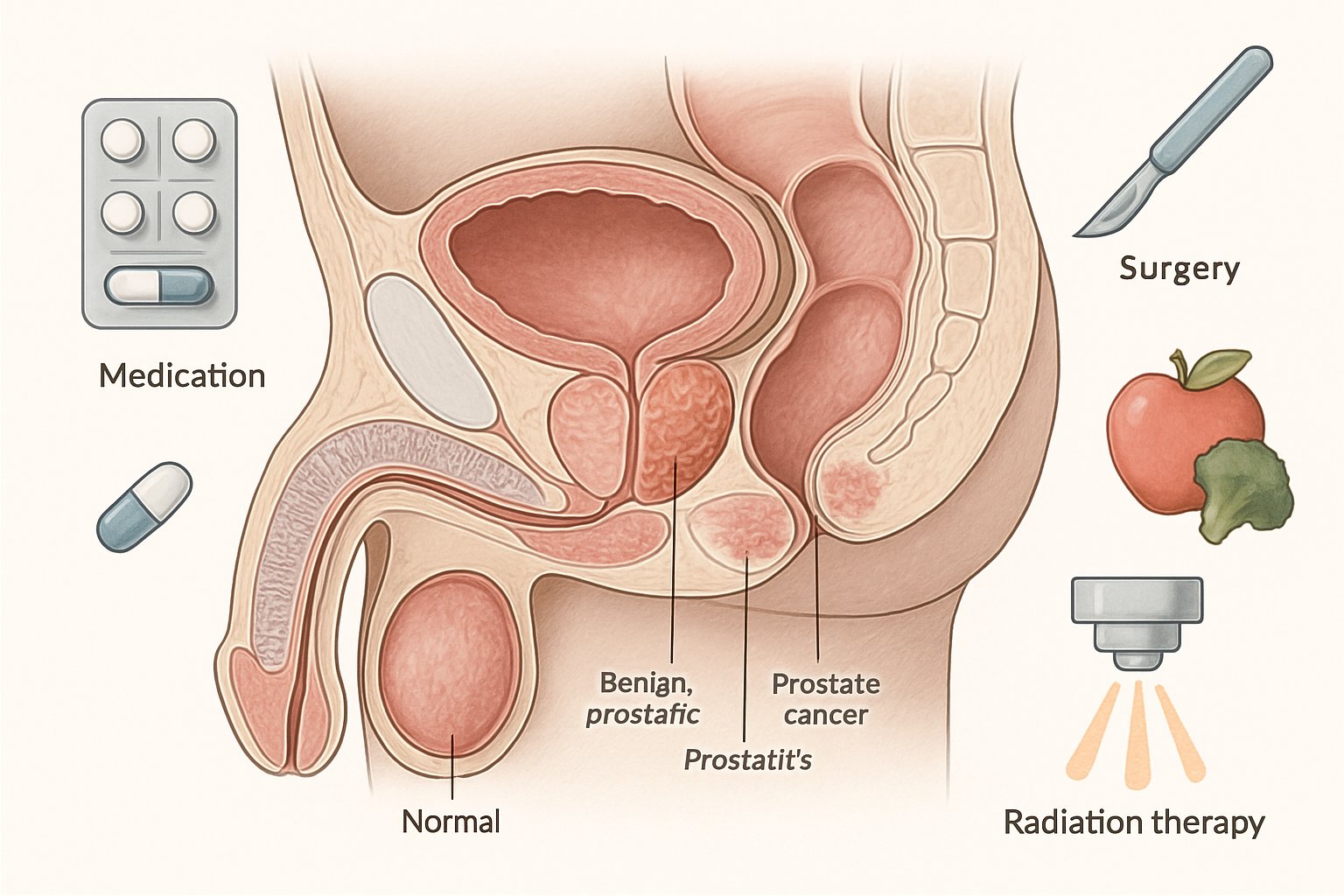 Anatomische Darstellung der männlichen Beckenregion mit hervorgehobener Prostata und Symbolen für verschiedene Behandlungsmethoden von Prostataerkrankungen.