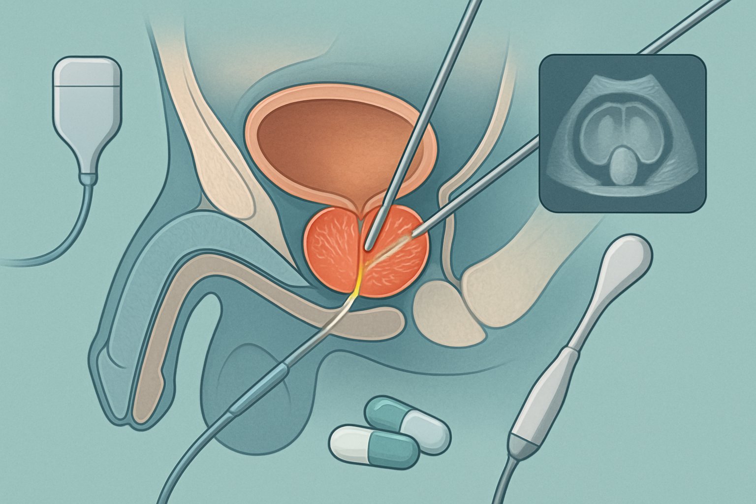 Darstellung des männlichen Beckens mit hervorgehobener Prostata und verschiedenen modernen Behandlungsmethoden.